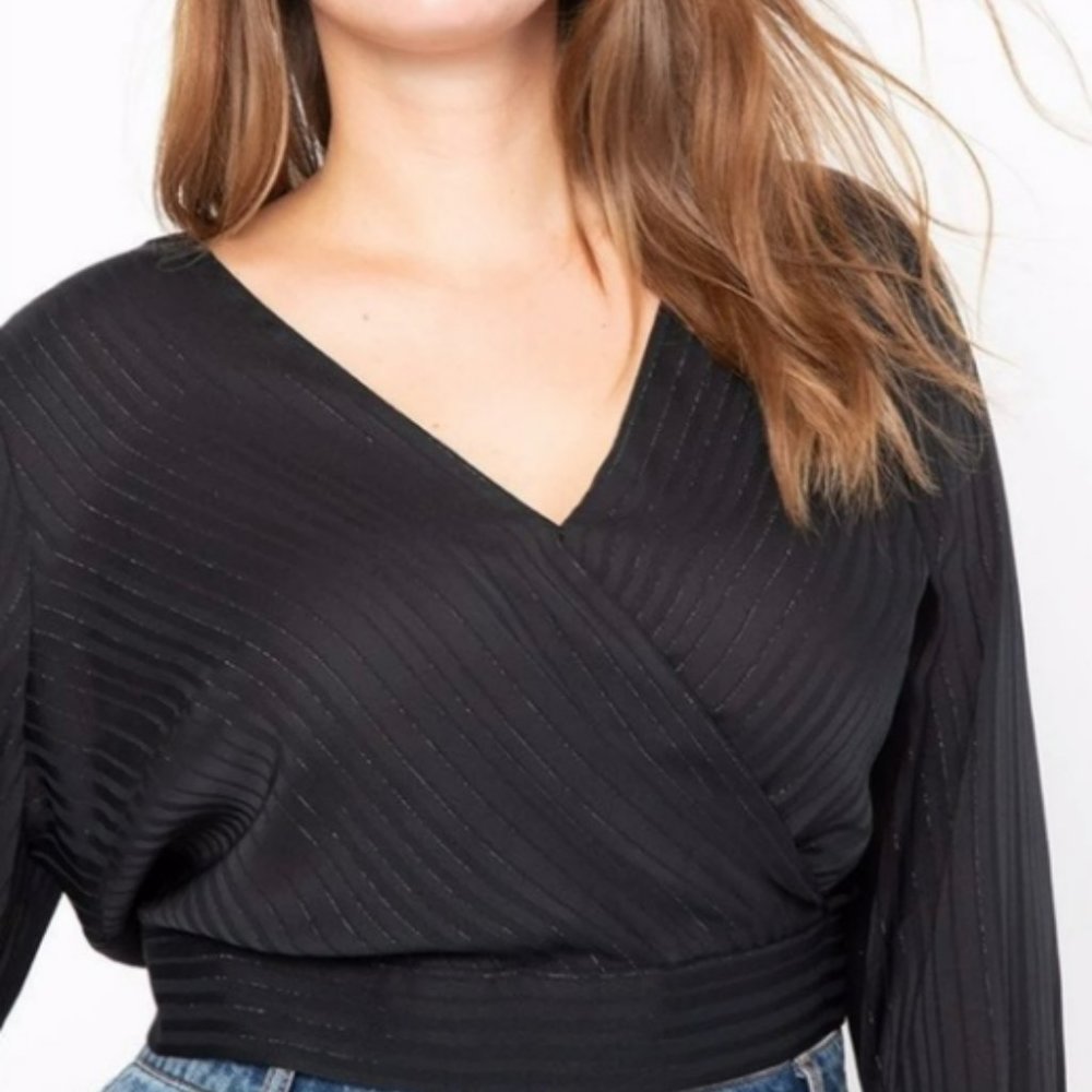 Eloquii Black Striped Faux Wrap Blouse Top (18)